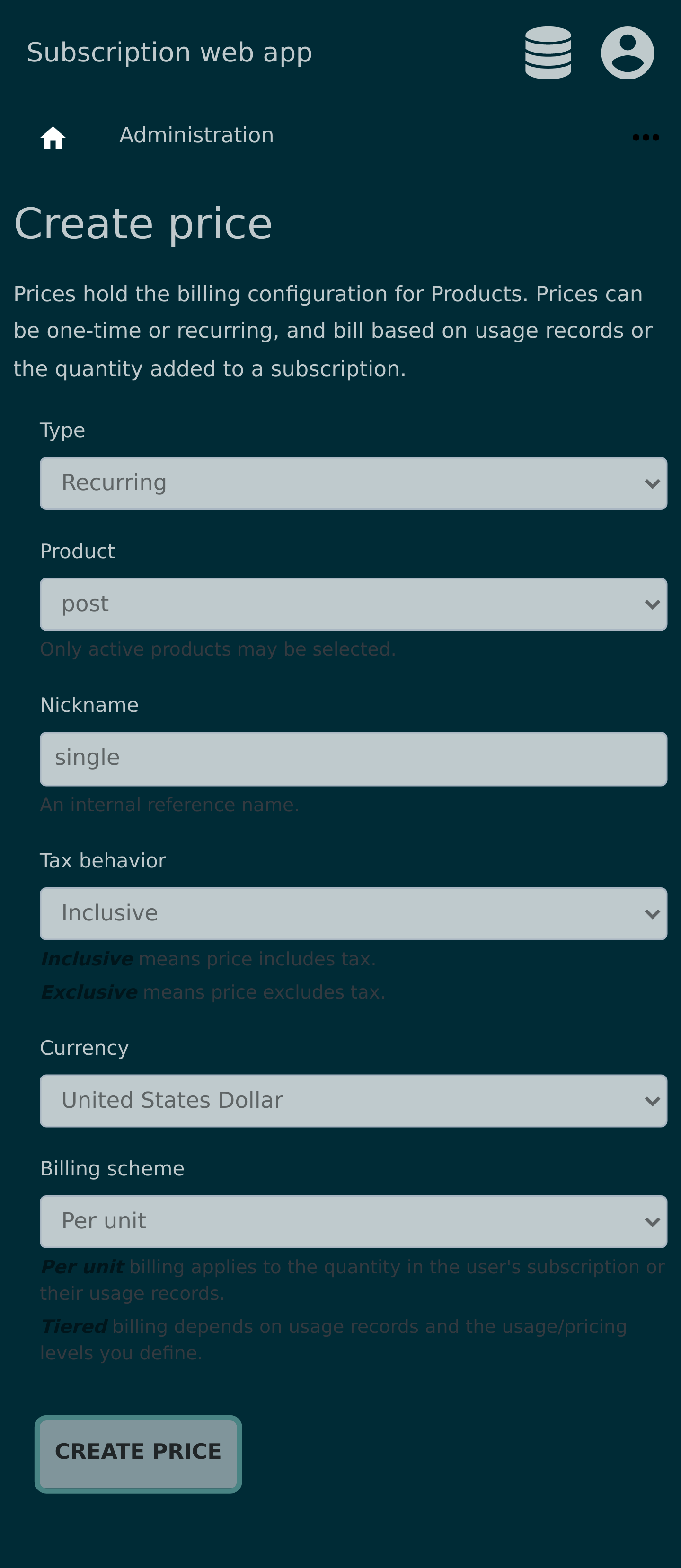 Example Subscription Web App UI index